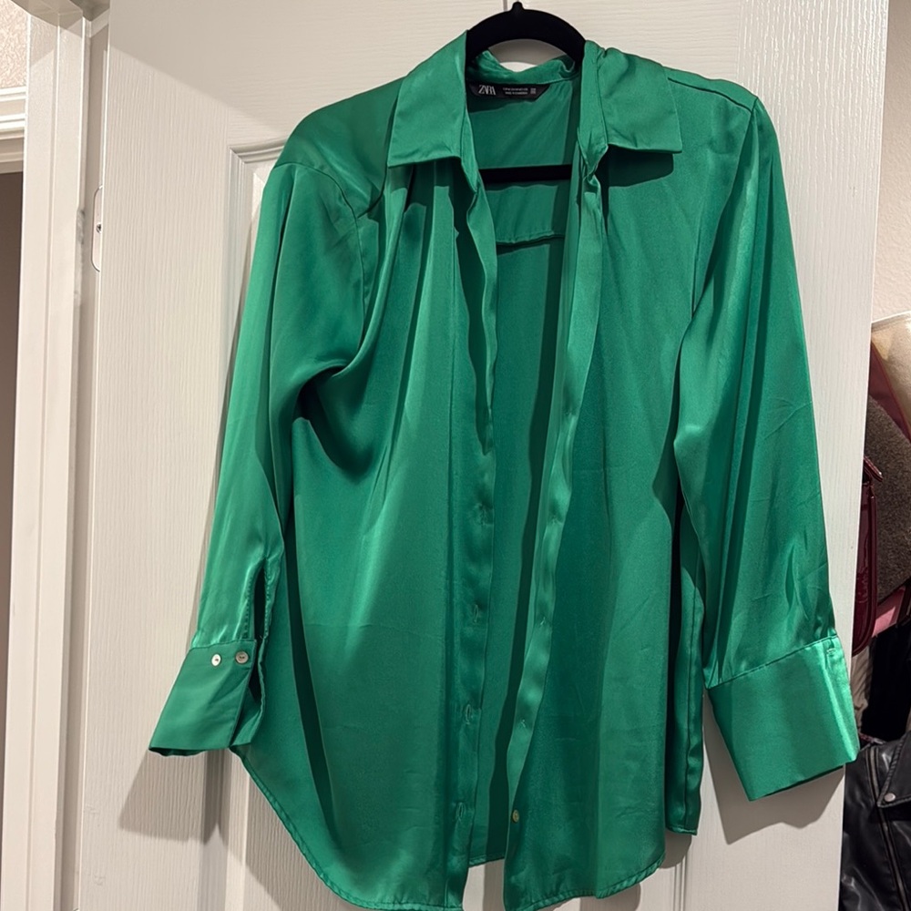 Green Satin Button-Up Shirt